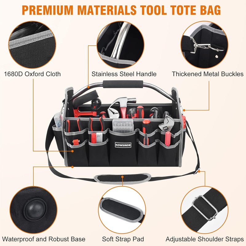 KOWSINDE 16 Inch Tool Bag, Electrician Tool Bag, Open Top Tool Bags, 26 Pockets Can Hold Many Tools, Steel Handle and Removable Shoulder Strap - Image 3
